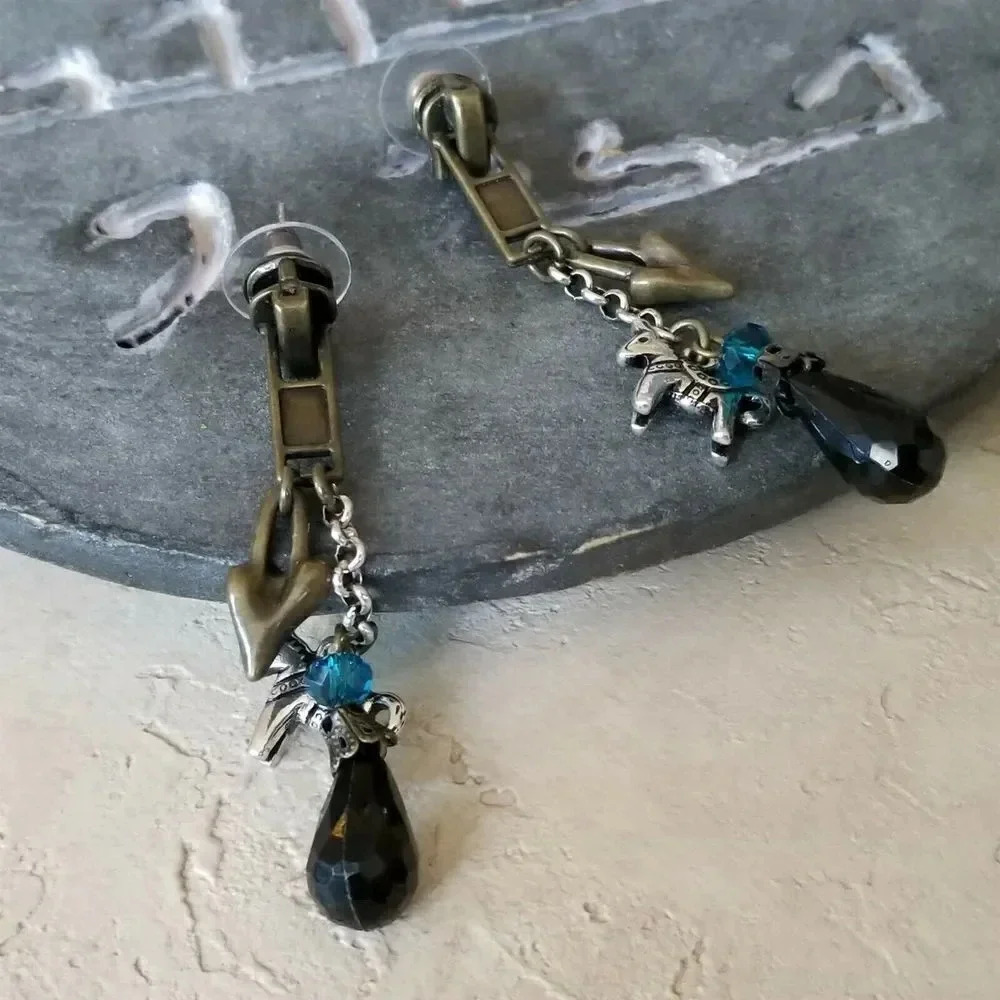 Antique Brass Zipper and Heart Baubles Black Teal Blue Dangle Earrings - Picture 3 of 7